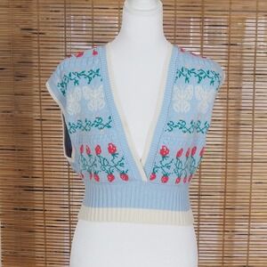 Urban Outfitters Ice Blue Knit Dainty Print Sweater Vest Small Cottage Crop